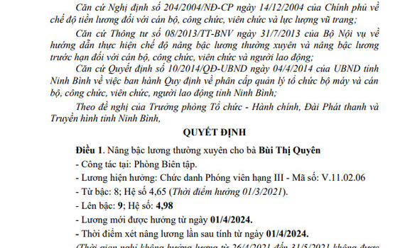 Quyết định về việc n&acirc;ng bậc lương thường xuy&ecirc;n cho vi&ecirc;n chức Đ&agrave;i PT&TH Ninh B&igrave;nh