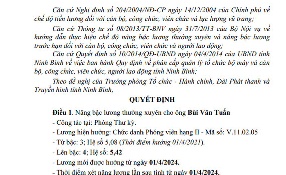 Quyết định về việc nâng bậc lương thường xuyên cho viên chức Đài PT&TH Ninh Bình