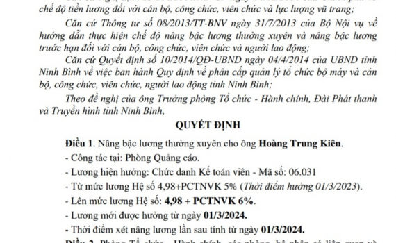 Quyết định về việc n&acirc;ng bậc lương thường xuy&ecirc;n cho &ocirc;ng Ho&agrave;ng Trung Ki&ecirc;n