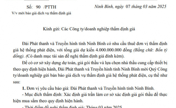 Đ&agrave;i PT-TH Ninh B&igrave;nh mời b&aacute;o gi&aacute; dịch vụ thẩm định gi&aacute; hệ thống ph&aacute;t điện