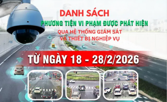 Danh s&aacute;ch phương tiện vi phạm giao th&ocirc;ng được ph&aacute;t hiện qua hệ thống gi&aacute;m s&aacute;t v&agrave; thiết bị nghiệp vụ từ ng&agrave;y 18-28/2/2026