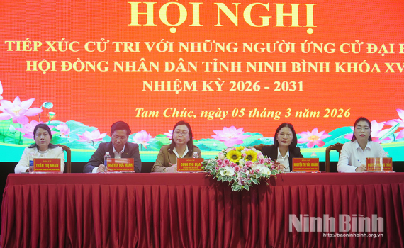 Đồng ch&iacute; Ph&oacute; B&iacute; thư Thường trực Tỉnh ủy Đinh Thị Lụa v&agrave; c&aacute;c ứng cử vi&ecirc;n đại biểu HĐND tỉnh tiếp x&uacute;c cử tri tại phường Tam Ch&uacute;c, L&ecirc; Hồ