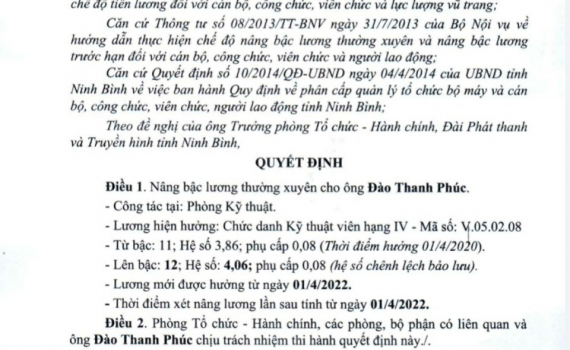Quyết định về việc n&acirc;ng bậc lương thường xuy&ecirc;n cho &ocirc;ng Đ&agrave;o Thanh Ph&uacute;c v&agrave; b&agrave; L&ecirc; Thị Dừa 