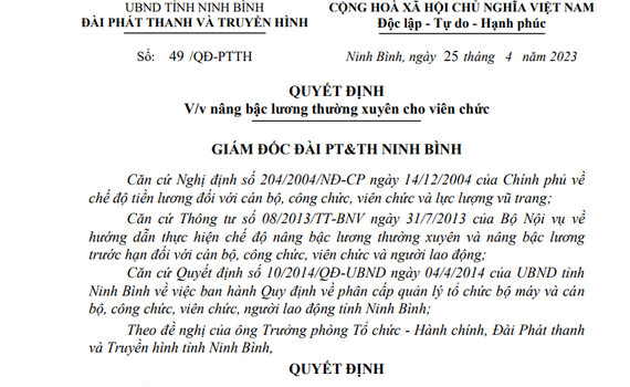 Quyết định về việc n&acirc;ng bậc lương thường xuy&ecirc;n cho &ocirc;ng Đinh Văn Vợi v&agrave; b&agrave; Đỗ Thị Mỹ Tho