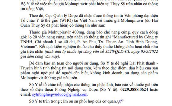 C&ocirc;ng văn của Sở Y tế Ninh B&igrave;nh về việc thuốc giả Molnupiravir