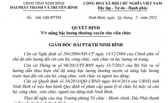 Quyết định về việc n&acirc;ng bậc lương thường xuy&ecirc;n cho b&agrave; L&ecirc; Thị Nguyệt &Aacute;nh