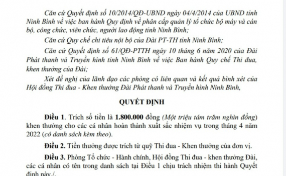 Quyết định về việc khen thưởng c&aacute; nh&acirc;n ho&agrave;n th&agrave;nh xuất sắc nhiệm vụ th&aacute;ng 4/2022