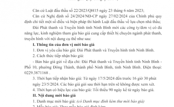 Thư mời b&aacute;o gi&aacute; thiết bị chuy&ecirc;n ng&agrave;nh Ph&aacute;t thanh - Truyền h&igrave;nh