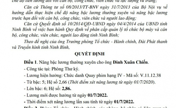 Quyết định về việc n&acirc;ng bậc lương thường xuy&ecirc;n cho &ocirc;ng Đinh Xu&acirc;n Chiến