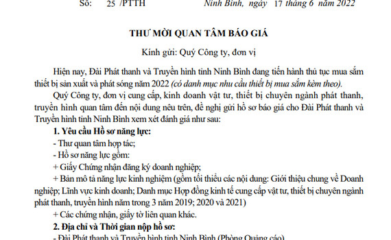 Thư mời quan t&acirc;m b&aacute;o gi&aacute; của Đ&agrave;i PT&TH Ninh B&igrave;nh
