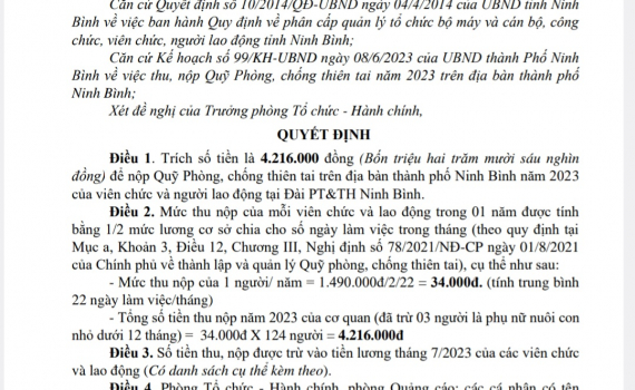 Quyết định về việc thu nộp Quỹ ph&ograve;ng chống thi&ecirc;n tai năm 2023 tại Đ&agrave;i PT&TH Ninh B&igrave;nh