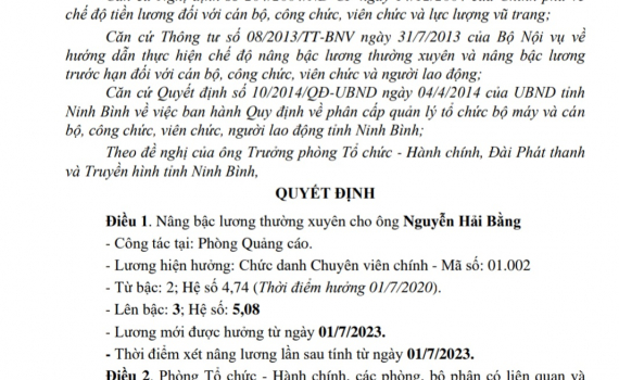Quyết định về việc n&acirc;ng bậc lương thường xuy&ecirc;n cho &ocirc;ng Nguyễn Hải Bằng v&agrave; b&agrave; H&agrave; Thị Thu Ho&agrave;i