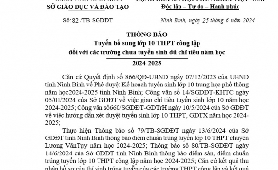 Th&ocirc;ng b&aacute;o tuyển bổ sung lớp 10 v&agrave;o c&aacute;c trường THPT c&ograve;n thiếu chỉ ti&ecirc;u năm học 2024-2025