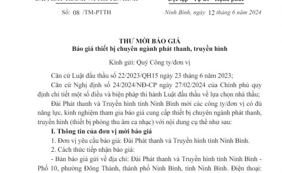 Thư mời b&aacute;o gi&aacute; thiết bị chuy&ecirc;n ng&agrave;nh Ph&aacute;t thanh - Truyền h&igrave;nh
