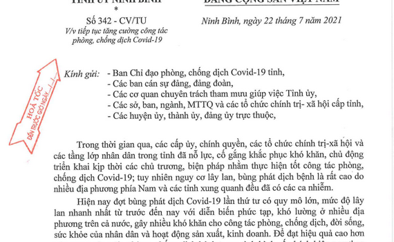 C&ocirc;ng văn của Tỉnh ủy về việc tiếp tục tăng cường c&ocirc;ng t&aacute;c ph&ograve;ng, chống dịch Covid-19