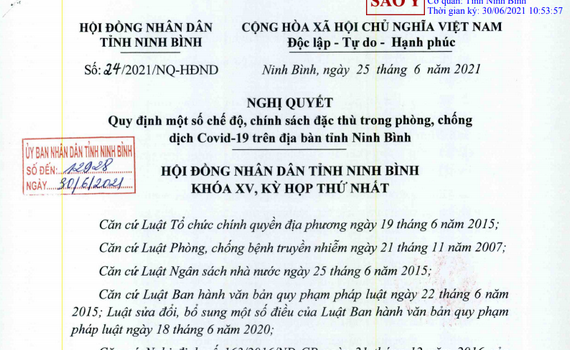 Nghị quyết quy định một số chế độ, ch&iacute;nh s&aacute;ch đặc th&ugrave; trong ph&ograve;ng, chống dịch Covid-19 tr&ecirc;n địa b&agrave;n tỉnh Ninh B&igrave;nh