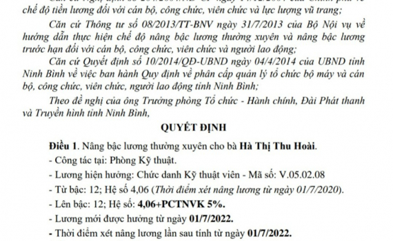 Quyết định n&acirc;ng bậc lương thường xuy&ecirc;n cho b&agrave; H&agrave; Thị Thu Ho&agrave;i