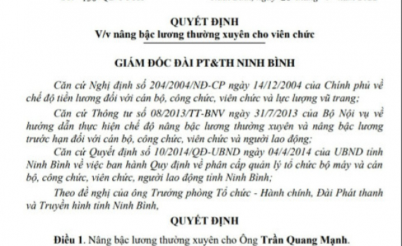Quyết định về việc n&acirc;ng bậc lương thường xuy&ecirc;n cho &ocirc;ng Trần Quang Mạnh