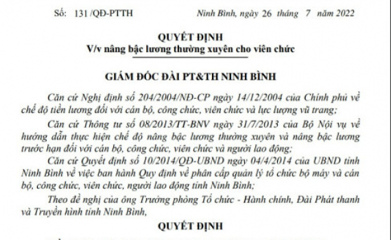 Quyết định về việc n&acirc;ng bậc lương thường xuy&ecirc;n cho b&agrave; Lương Thị Lệ Thủy