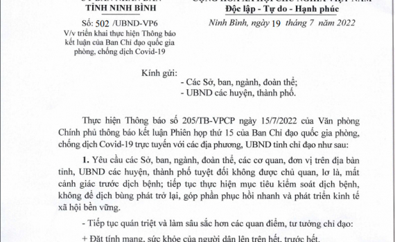 C&ocirc;ng văn về việc triển khai thực hiện Th&ocirc;ng b&aacute;o kết luận của Ban Chỉ đạo quốc gia ph&ograve;ng chống dịch Covid-19