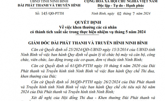 Quyết định về việc khen thưởng c&aacute;c c&aacute; nh&acirc;n ho&agrave;n th&agrave;nh xuất sắc nhiệm vụ th&aacute;ng 5/2024 của Đ&agrave;i PT&TH Ninh B&igrave;nh