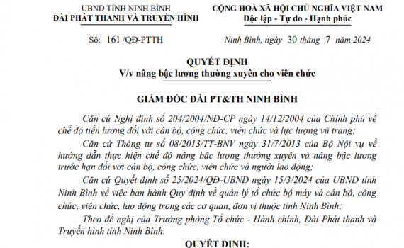 Quyết định về việc n&acirc;ng bậc lương thường xuy&ecirc;n cho vi&ecirc;n chức Đ&agrave;i PT&TH Ninh B&igrave;nh