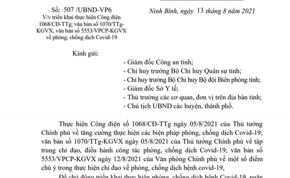 C&ocirc;ng văn ng&agrave;y 13/8/2021 của UBND tỉnh về tăng cường c&aacute;c biện ph&aacute;p ph&ograve;ng chống dịch Covid-19