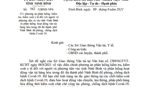 Ninh B&igrave;nh ph&acirc;n luồng kiểm tra, kiểm so&aacute;t y tế đối với người v&agrave; phương tiện ra v&agrave;o tỉnh