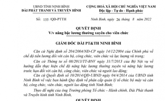Quyết định về việc n&acirc;ng bậc lương thường xuy&ecirc;n cho vi&ecirc;n chức Đ&agrave;i PT&TH Ninh B&igrave;nh