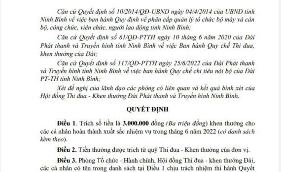 Quyết định về việc khen thưởng tập thể, c&aacute; nh&acirc;n ho&agrave;n th&agrave;nh xuất sắc nhiệm vụ th&aacute;ng 6/2022