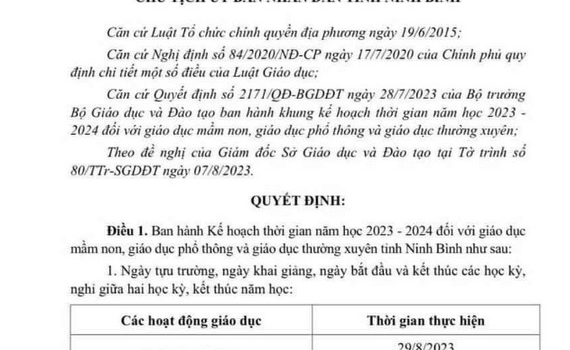 Kế hoạch thời gian năm học 2023-2024 đối với gi&aacute;o dục mầm non, gi&aacute;o dục phổ th&ocirc;ng v&agrave; gi&aacute;o dục thường xuy&ecirc;n tr&ecirc;n địa b&agrave;n tỉnh Ninh B&igrave;nh