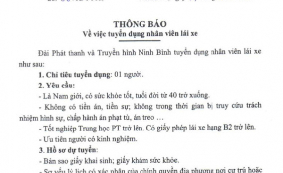 Đ&agrave;i Ph&aacute;t thanh v&agrave; Truyền h&igrave;nh Ninh B&igrave;nh tuyển dụng nh&acirc;n vi&ecirc;n l&aacute;i xe