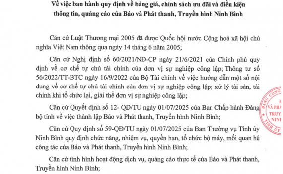 Quy định về Bảng gi&aacute;, ch&iacute;nh s&aacute;ch ưu đ&atilde;i v&agrave; điều kiện th&ocirc;ng tin, quảng c&aacute;o của B&aacute;o v&agrave; Ph&aacute;t thanh, Truyền h&igrave;nh Ninh B&igrave;nh năm 2025