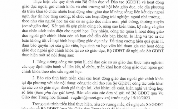 Bộ GD-ĐT y&ecirc;u cầu c&aacute;c địa phương r&agrave; so&aacute;t, b&aacute;o c&aacute;o hoạt động gi&aacute;o dục ngo&agrave;i giờ ch&iacute;nh kh&oacute;a