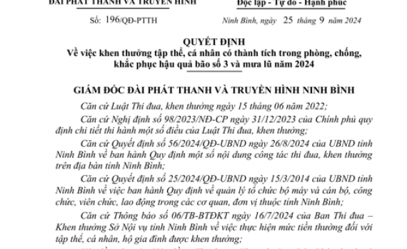 Đ&agrave;i PT&TH Ninh B&igrave;nh khen thưởng tập thể, c&aacute; nh&acirc;n c&oacute; th&agrave;nh t&iacute;ch trong ph&ograve;ng, chống, khắc phục hậu quả b&atilde;o số 3 v&agrave; mưa lũ năm 2024