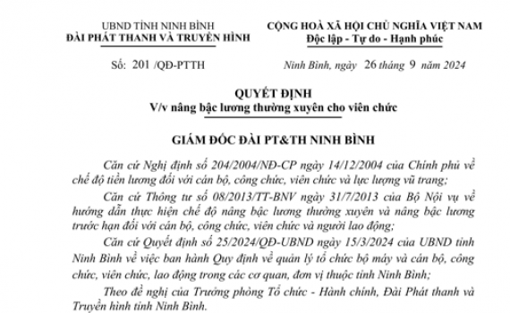 Quyết định về việc n&acirc;ng bậc lương thường xuy&ecirc;n cho vi&ecirc;n chức Đ&agrave;i PT&TH Ninh B&igrave;nh