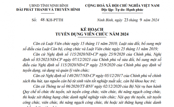 Kế hoạch tuyển dụng vi&ecirc;n chức năm 2024 của Đ&agrave;i Ph&aacute;t thanh v&agrave; Truyền h&igrave;nh Ninh B&igrave;nh