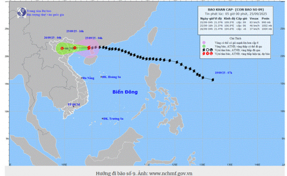 Thời tiết h&ocirc;m nay (25-9): B&atilde;o số 9 c&aacute;ch M&oacute;ng C&aacute;i (Quảng Ninh) khoảng 170km, gi&oacute; giật cấp 11