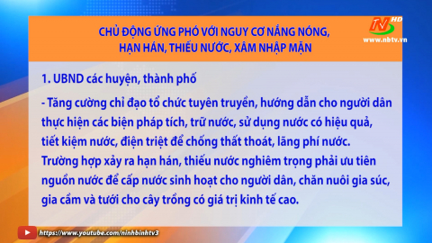 C&ocirc;ng văn của UBND tỉnh về chủ động ứng ph&oacute; với nguy cơ nắng n&oacute;ng, hạn h&aacute;n, thiếu nước, x&acirc;m nhập mặn