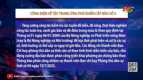  C&ocirc;ng điện về việc tập trung ứng ph&oacute; khẩn cấp b&atilde;o số 5