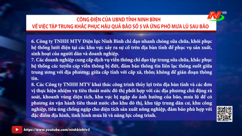 C&ocirc;ng điện của UBND tỉnh Ninh B&igrave;nh về việc tập trung khắc phục hậu quả b&atilde;o số 5 v&agrave; ứng ph&oacute; mưa lũ sau b&atilde;o