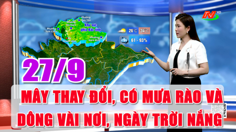  Dự b&aacute;o thời tiết 27/9: M&acirc;y thay đổi, c&oacute; mưa r&agrave;o v&agrave; d&ocirc;ng v&agrave;i nơi, ng&agrave;y trời nắng. Nhiệt độ: 26&ndash;34 độ C