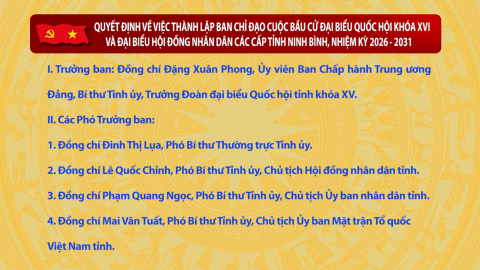 Quyết định về việc th&agrave;nh lập Ban Chỉ đạo cuộc bầu cử đại biểu Quốc hội kh&oacute;a XVI v&agrave; đại biểu HĐND c&aacute;c cấp tỉnh Ninh B&igrave;nh, nhiệm kỳ 2026-2031
