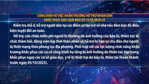 C&ocirc;ng điện về việc khẩn trương hỗ trợ nh&acirc;n d&acirc;n khắc phục hậu quả b&atilde;o số 10 v&agrave; mưa lũ