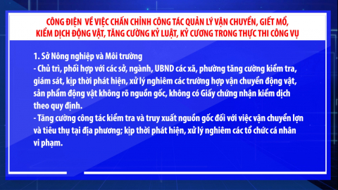 C&ocirc;ng điện về việc chấn chỉnh c&ocirc;ng t&aacute;c quản l&yacute; vận chuyển, giết mổ, kiểm dịch động vật, tăng cường kỷ luật, kỷ cương trong thực thi c&ocirc;ng vụ
