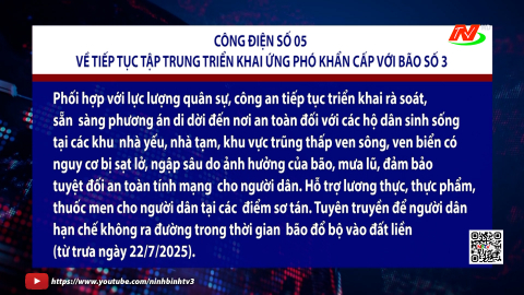 C&ocirc;ng điện số 05 về việc tiếp tục tập trung triển khai ứng ph&oacute; khẩn cấp với b&atilde;o số 3