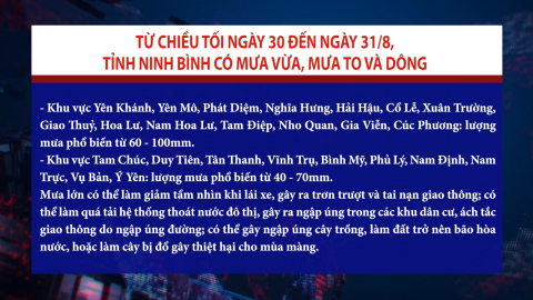 Từ chiều tối ng&agrave;y 30 đến ng&agrave;y 31/8, tỉnh Ninh B&igrave;nh c&oacute; mưa vừa, mưa to v&agrave; d&ocirc;ng