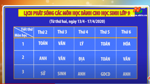 Lịch ph&aacute;t s&oacute;ng c&aacute;c m&ocirc;n học d&agrave;nh cho học sinh lớp 9 - Từ ng&agrave;y 13/4- 17/4/2020