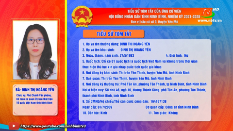 Tiểu sử t&oacute;m tắt v&agrave; chương tr&igrave;nh h&agrave;nh động của  b&agrave; Đinh Thị Ho&agrave;ng Yến - Ứng cử vi&ecirc;n ĐB HĐND tỉnh, đơn vị bầu cử số 9.
